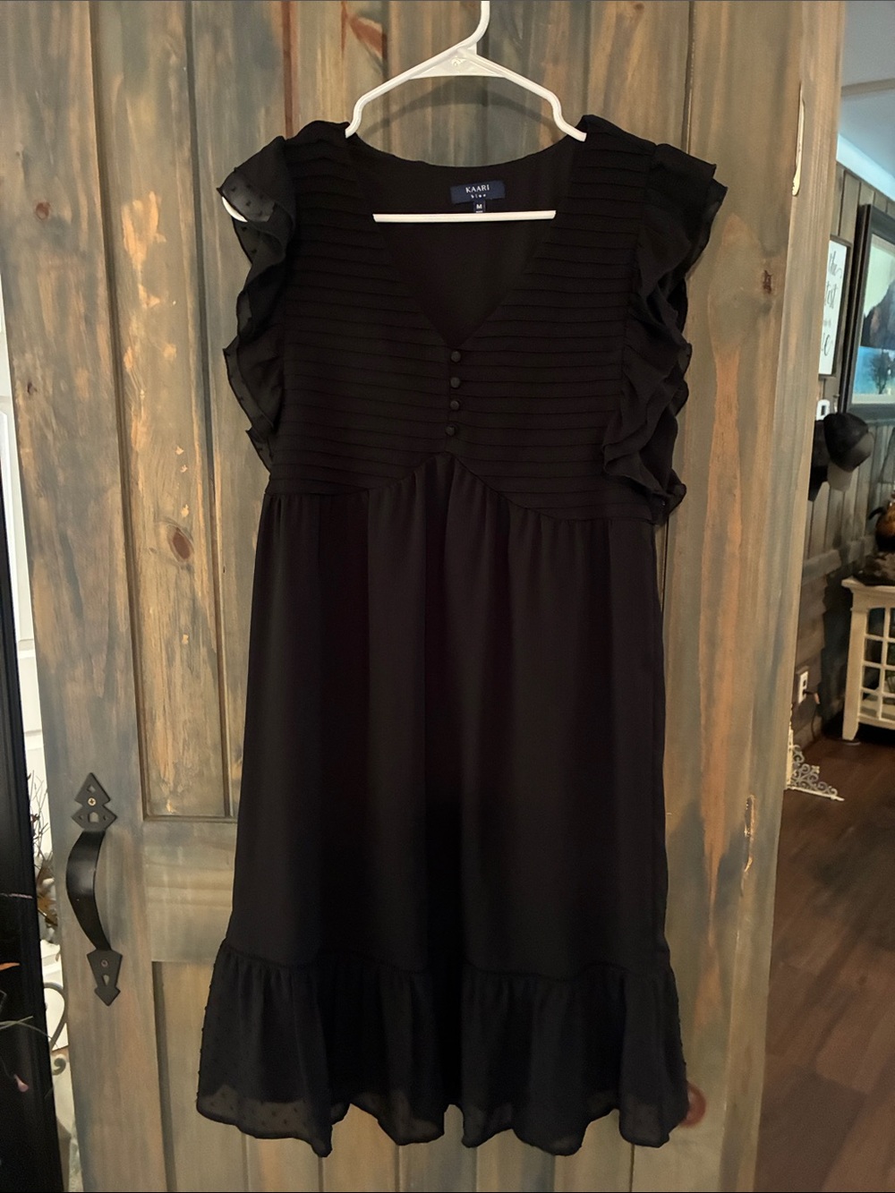 Kaari Blue Black Midi Dress with Ruffled Cap Sleeves